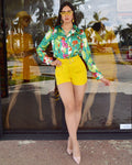 Another Cute Style High Waist Belted Shorts Sunny Yellow For Casual Everyday Wear With Polished Belt Detail