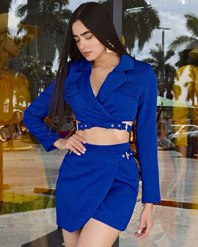 Be The One Crop Blazer Set Royal Blue 100 Percent Polyester Short Set With Matching Blazer And Shorts