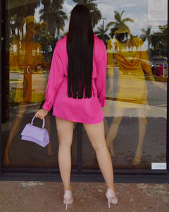 Delicate Beauty Satin LongSleeve  Mini Dress Hot Pink