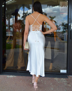 Magical As Usual Satin And Lace Maxi Dress White