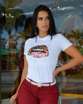 Bitten Lips Sequence T Shirt White Cotton Spandex Top For Women Small Size Graphic Print Tee