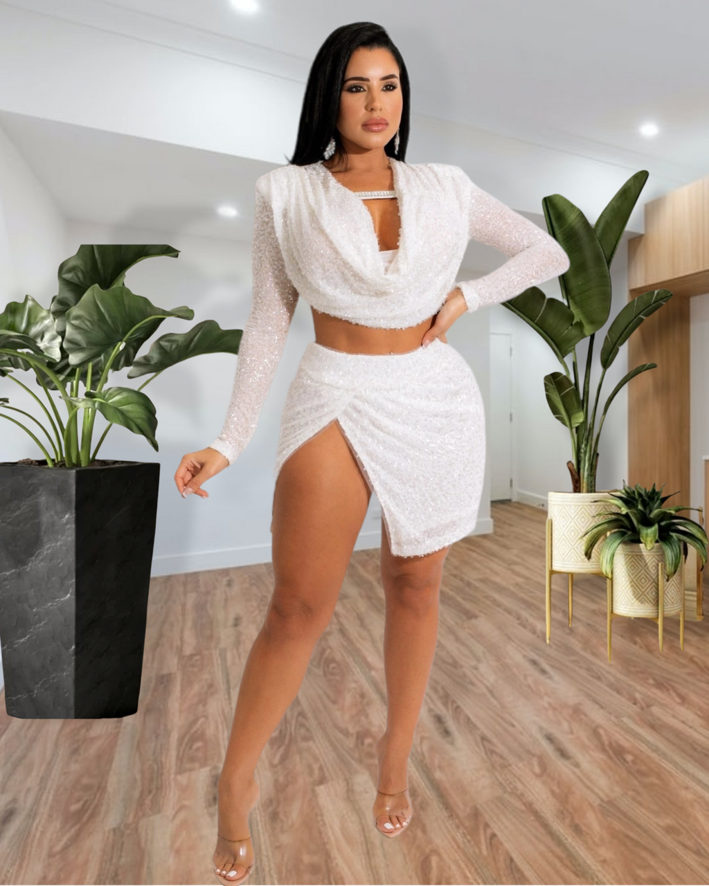 White Skirt Set With Mesh Detail And Stretch Polyester For Women Perfect For Parties And Everyday Wear