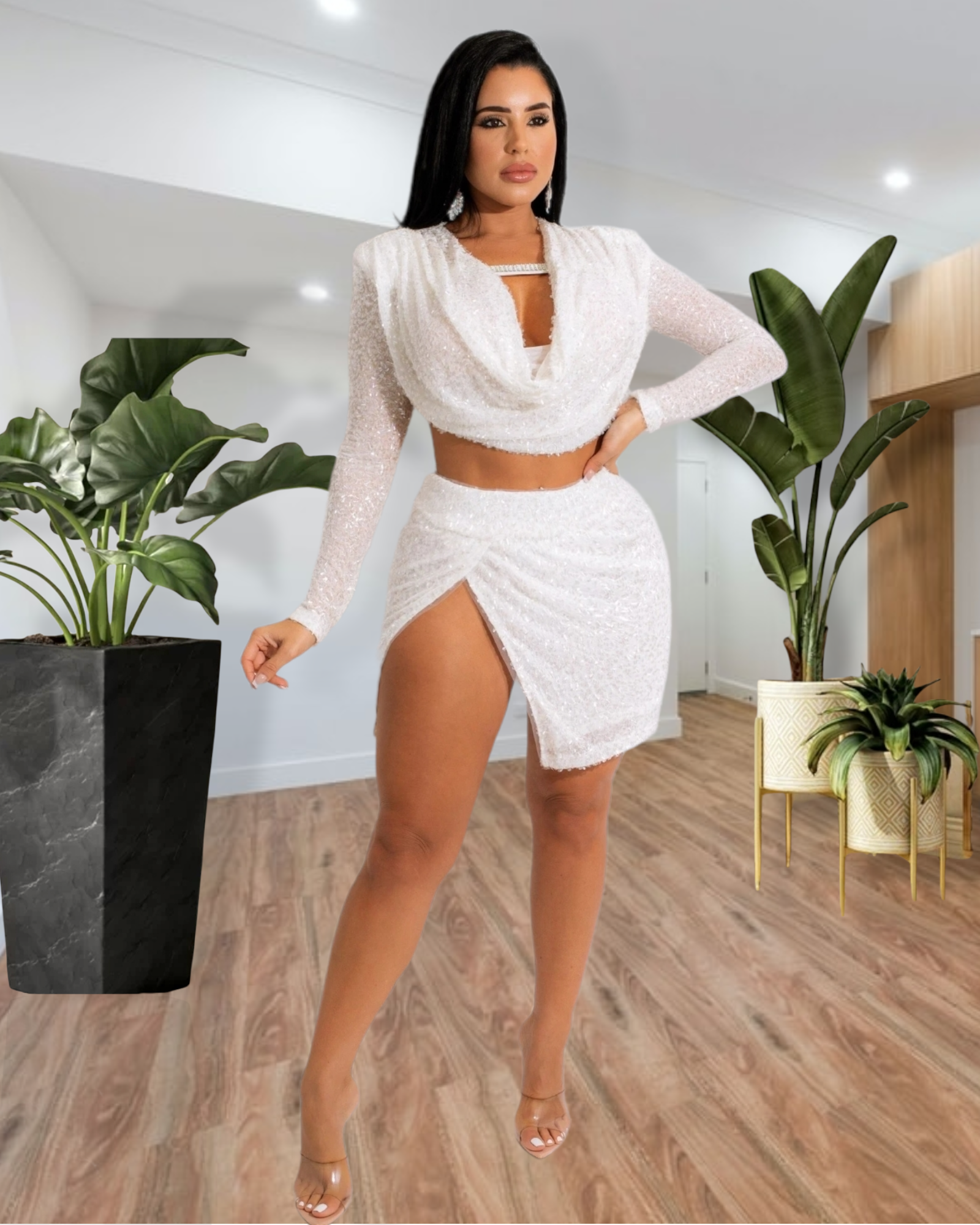 White Skirt Set With Mesh Detail And Stretch Polyester For Women Perfect For Parties And Everyday Wear