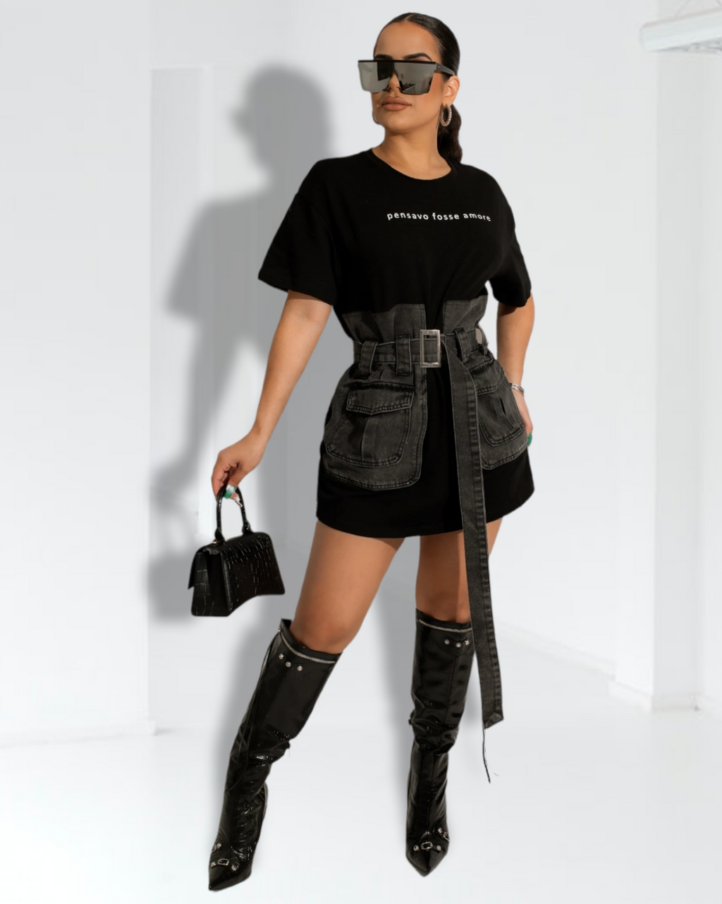 Pensavo Fosse Amore Denim Oversize T Shirt Mini Dress Black - Versatile 2in1 Dress With Stretch Cotton Blend