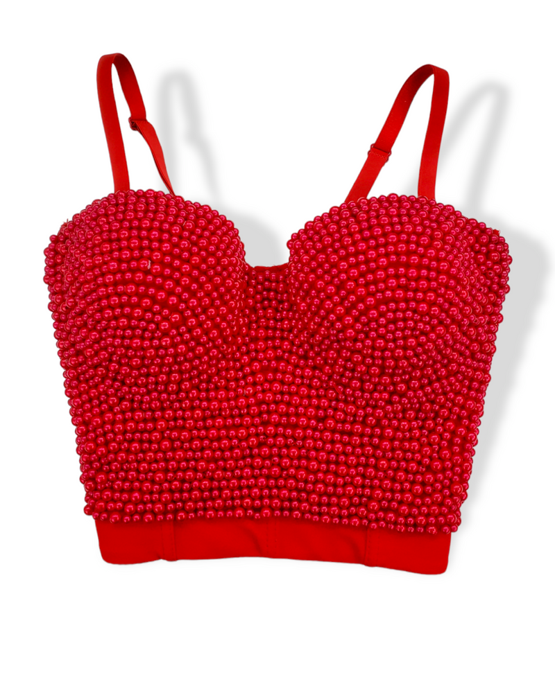 We all Love This Time Pearl Embellished  Corset Red
