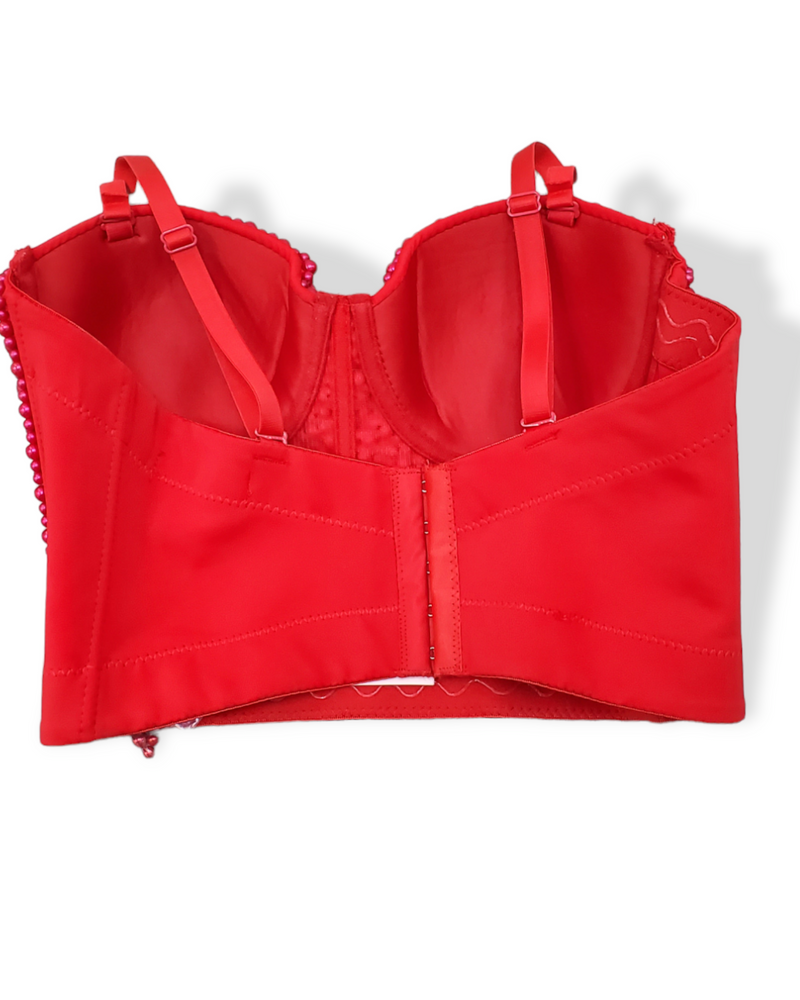 We all Love This Time Pearl Embellished  Corset Red