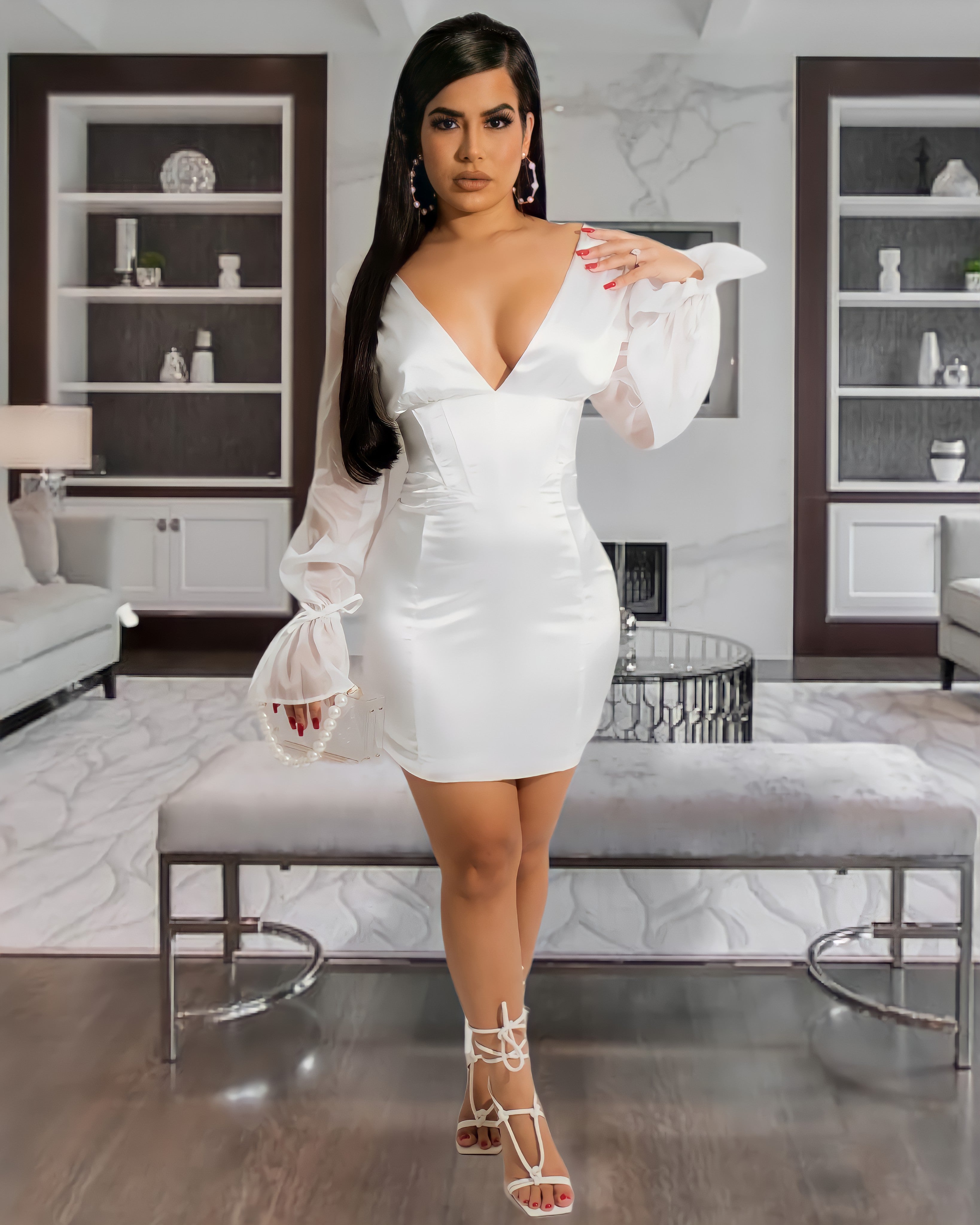 Makes Me Glamorous Satin Midi Dress White - Elegant Mesh Detail With Comfortable Moderate Stretch