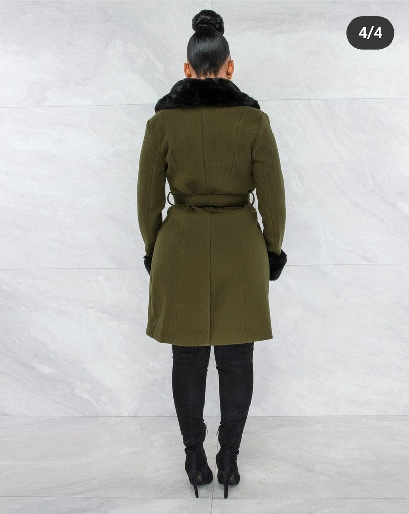 Chloe Olive Green Black Faux Fur Belted Coat