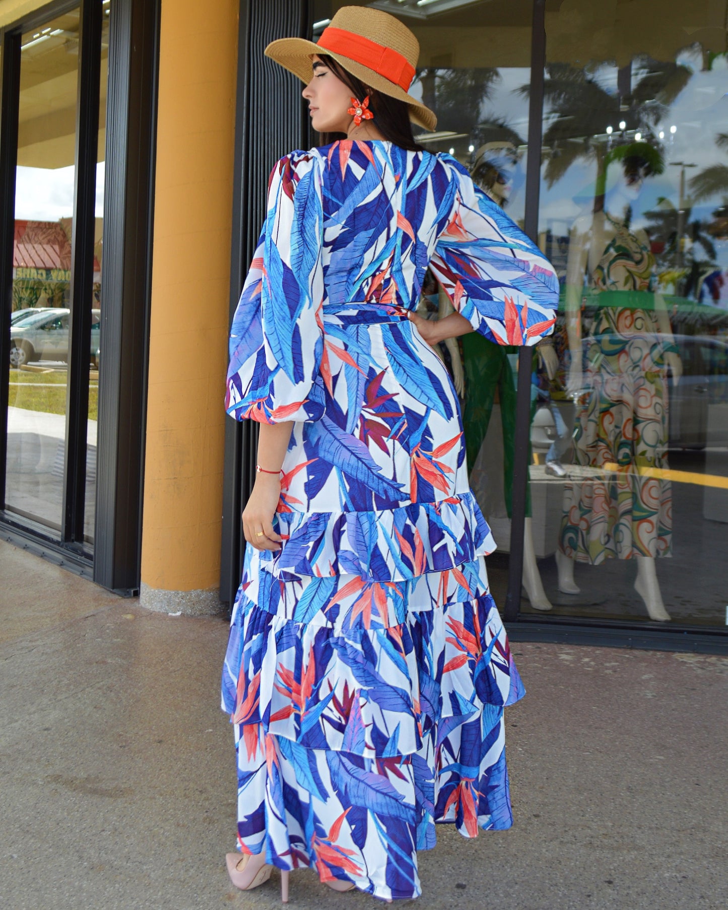 Still Here For You Belted Maxi Dress Blue Leaf Print