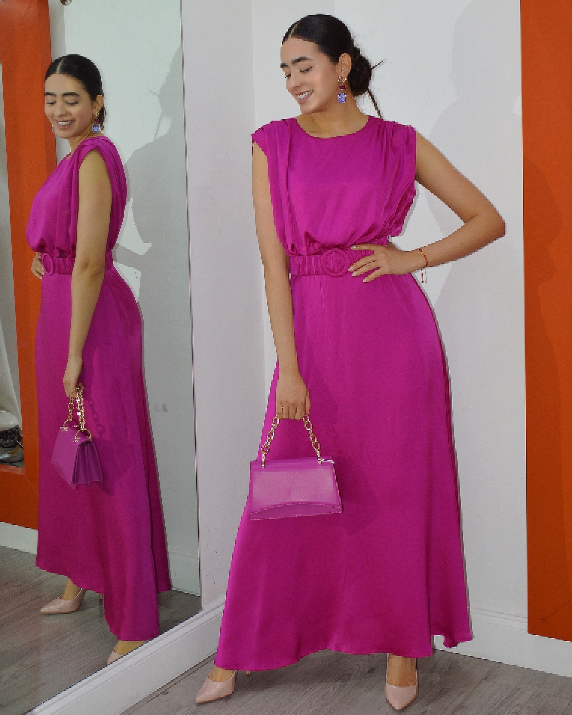 Ready For Brunch Belted Maxi Dress - Magenta Cotton Polyester Blend No Stretch Fabric