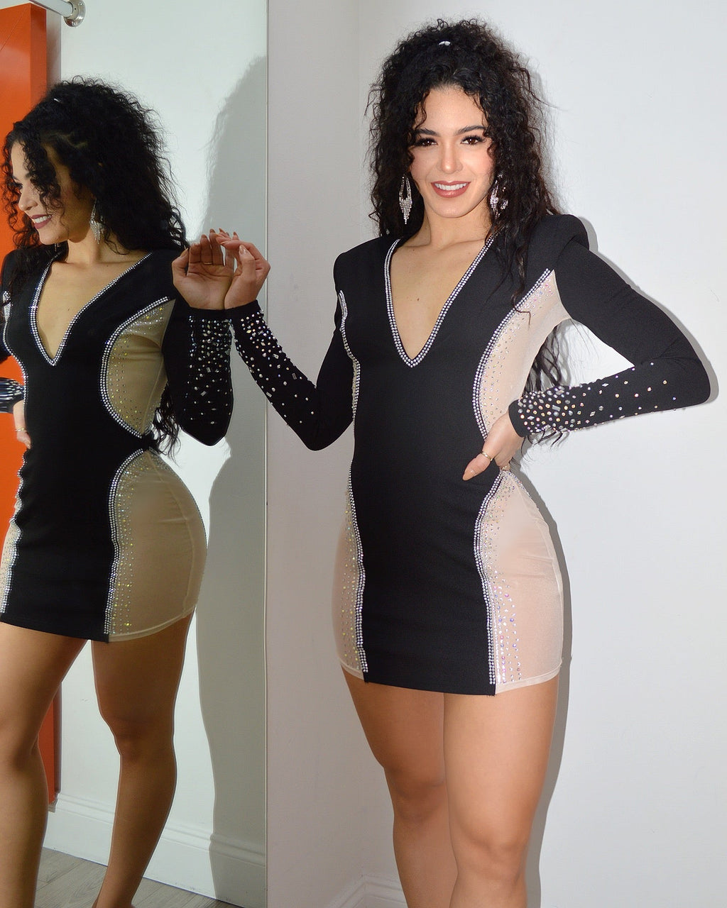 Dance Moves Black Rhinestone Mini Dress - Sparkling Rhinestones, Mesh Details, Stretchy Polyester