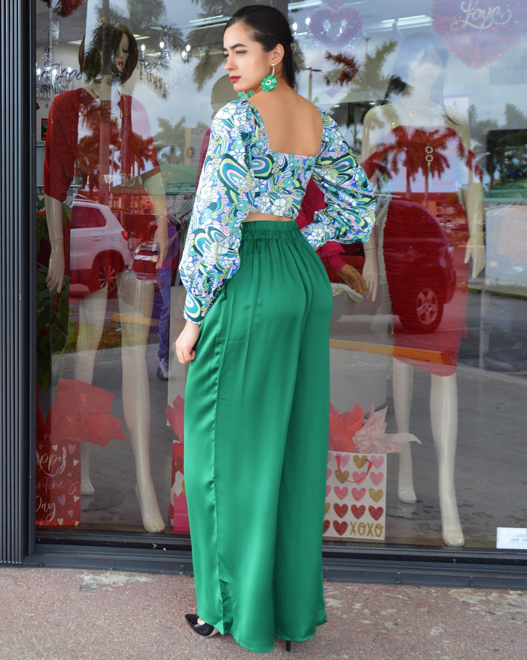 Many Flavor Satin Palazzo Pants Emerald Green - Incredibly Flattering Fit With No Stretch