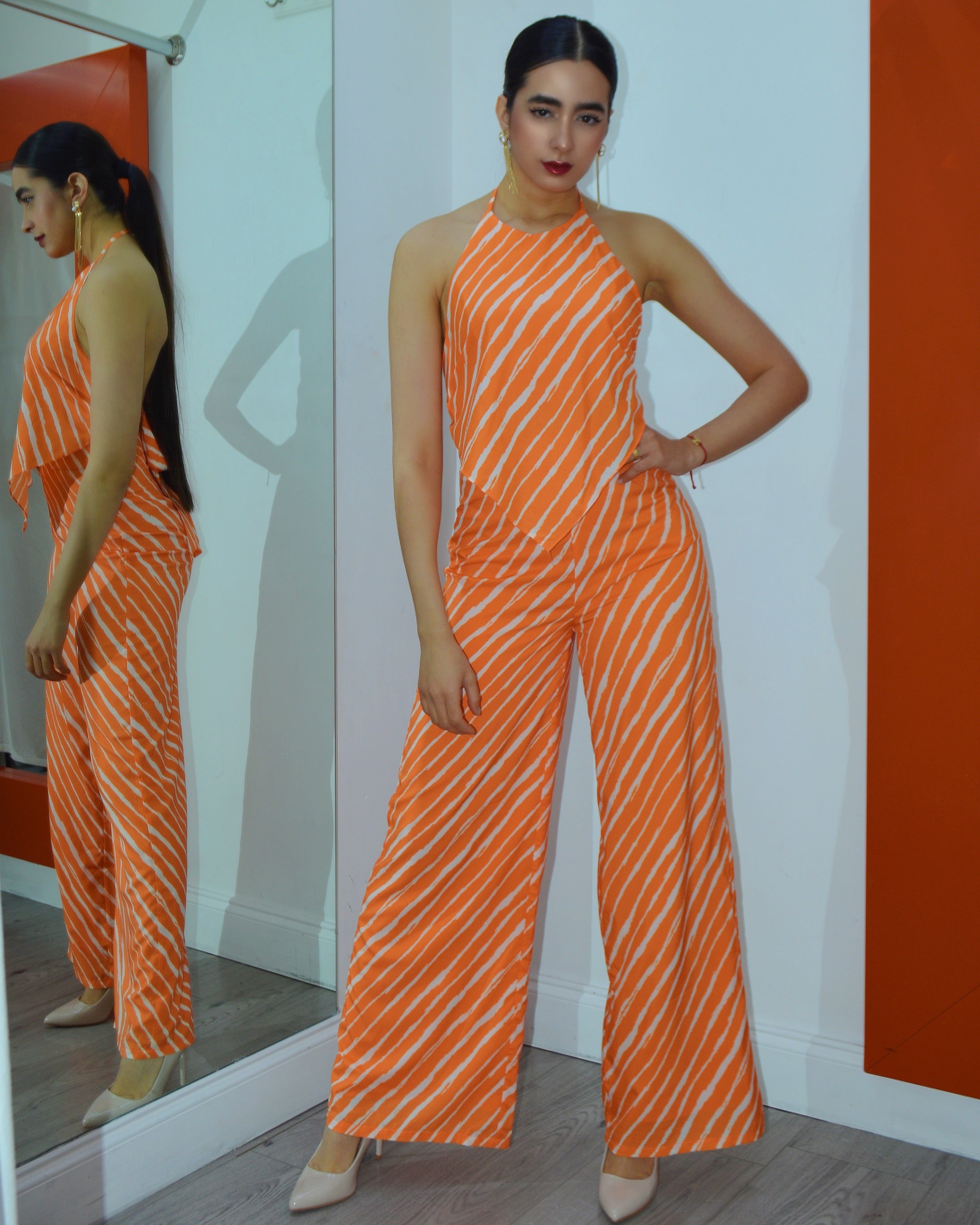 Look On Point Halter Top And Pant Set Orange - Comfortable 100 Percent Polyester No Stretch Two Piece Outfit