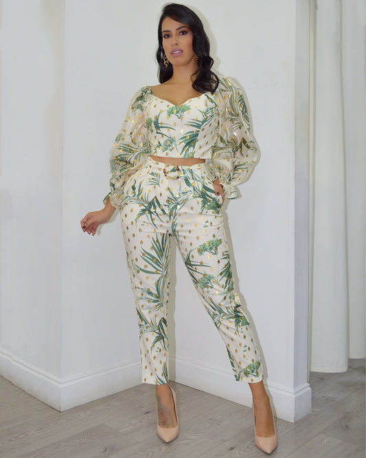 Got me Thinking leaf Print and Gold Pant  Set - La Epoca Fashion 