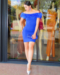 Royal Blue Feather Embellished Midi Dress With Stretch Polyamide For Evening Events