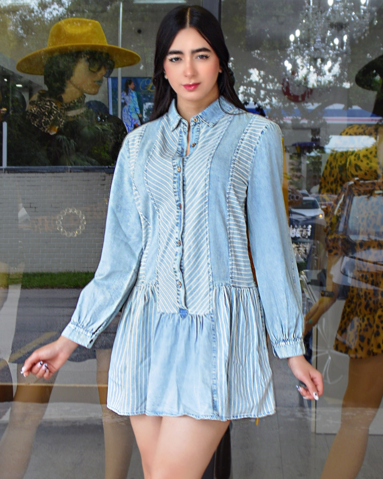 Close By Tensel Light Denim Color Mini Dress - Mesh Detail And Moderate Stretch Polyester Fabric