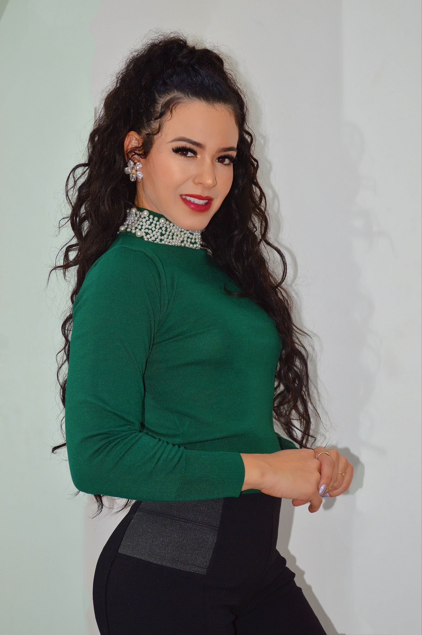For the Love Of Pearls Emerald Green Sweater
