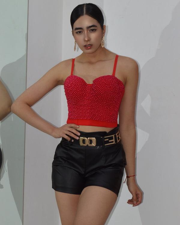 We all Love This Time Pearl Embellished  Corset Red