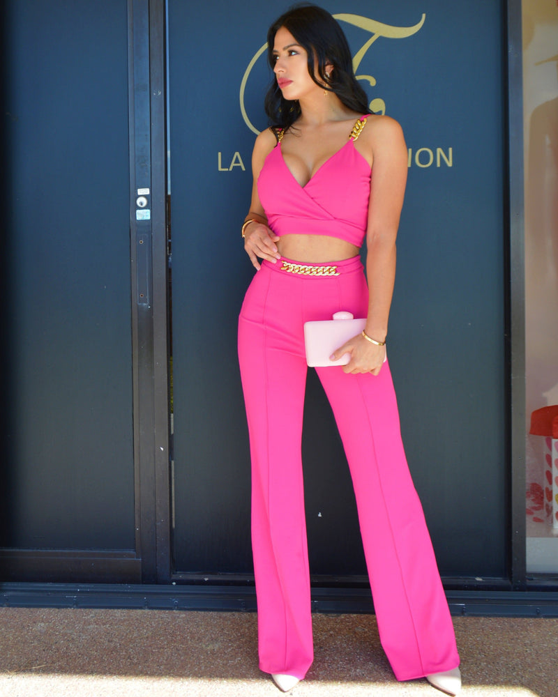 Fit Stunning On Me Gold Chained Crop and Pant Set  Magenta