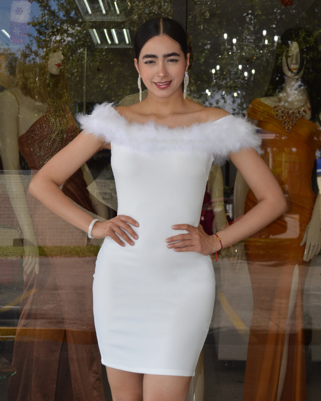 Feather Embellished White Midi Dress With Stretch Polyamide Fabric For Elegant Occasions