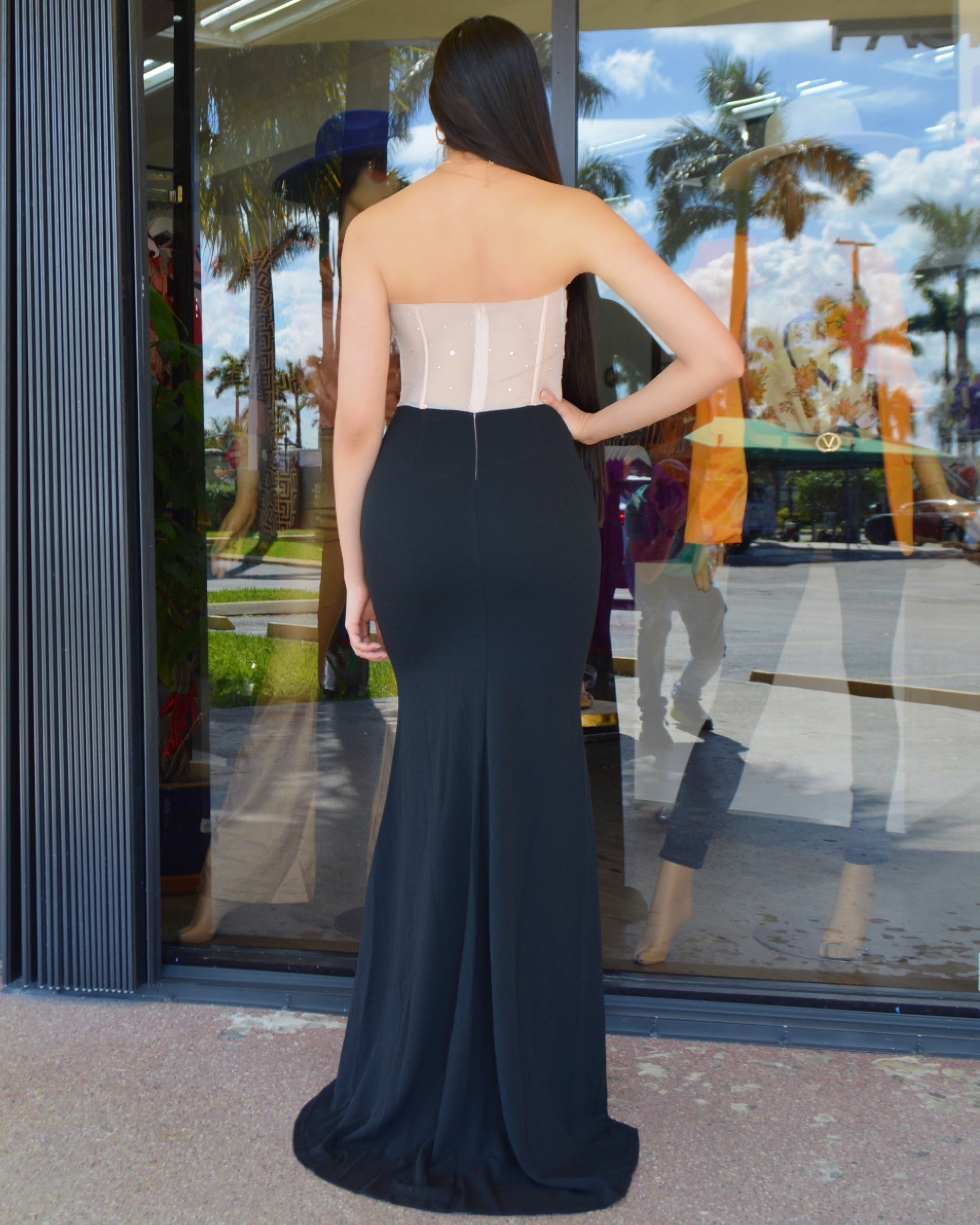 Here I Come Rhinestone Two Piece Gown Maxi Dress Black - Elegant Eveningwear With Mesh Detailing And Comfortable Stretch