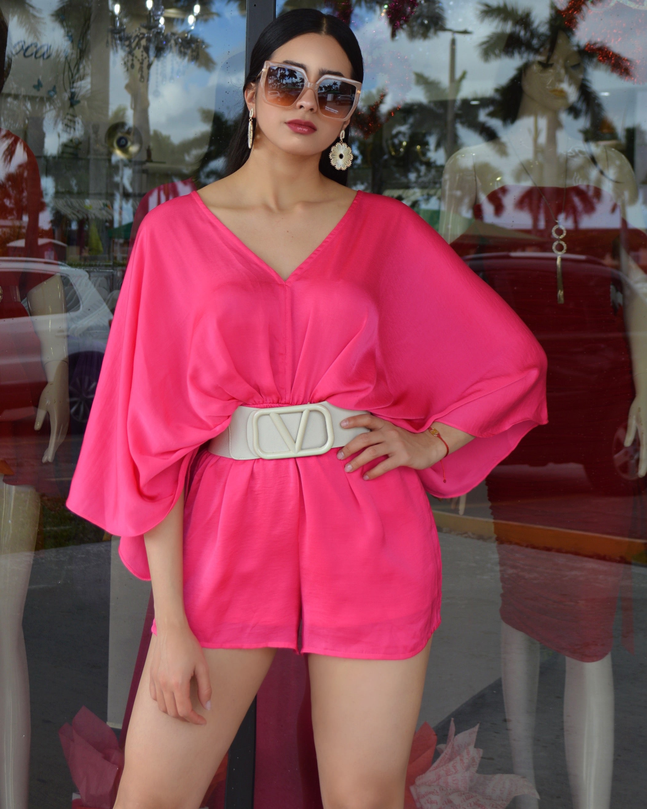 My Darling You Romper - Satin Hot Pink No Stretch With Adjustable Waist For Evening Chic